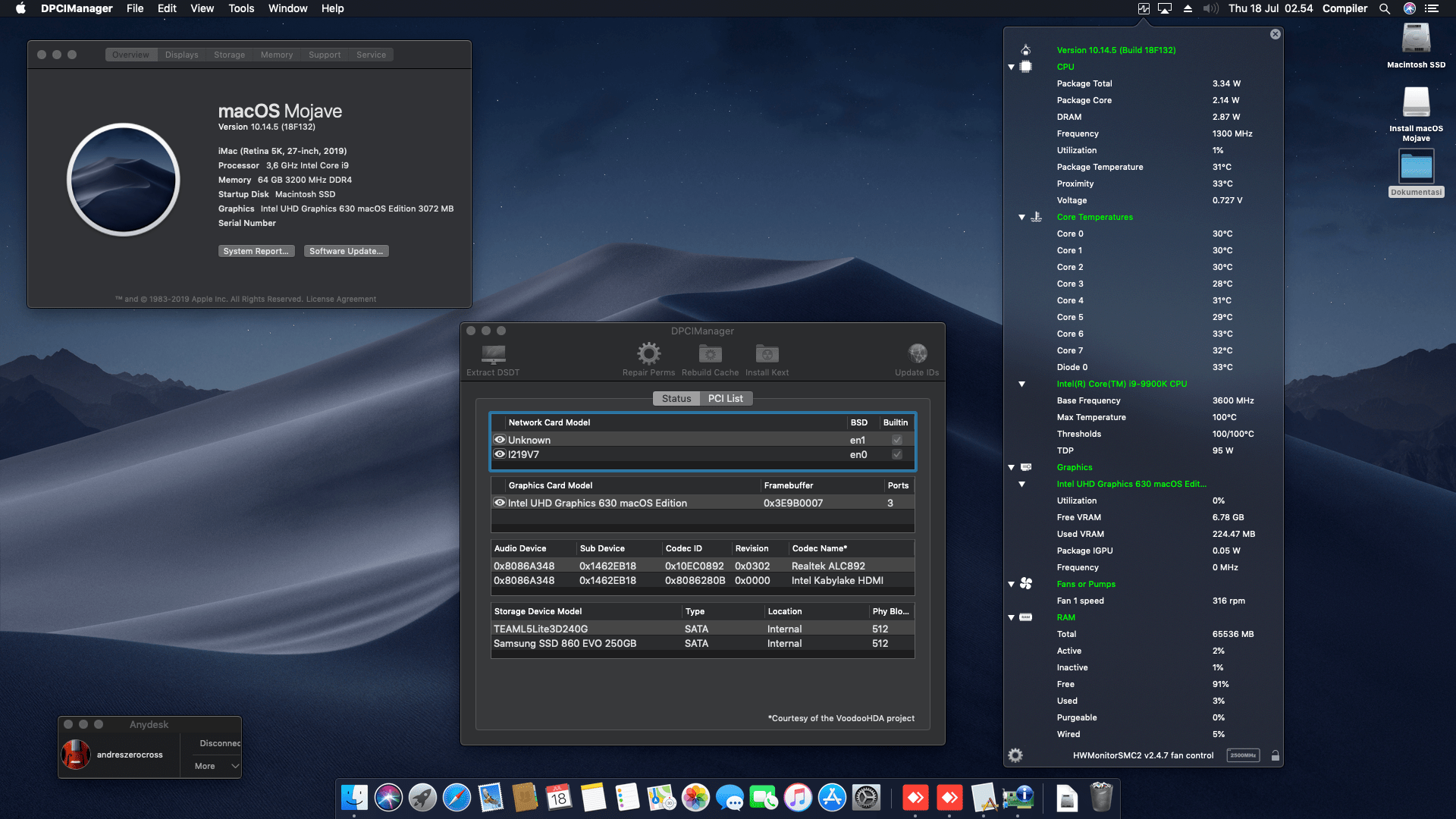 Success Hackintosh macOS Mojave 10.14.5 Build 18F132 at MSI MAG Z390 Tomahawk + Intel Core i9-9900K